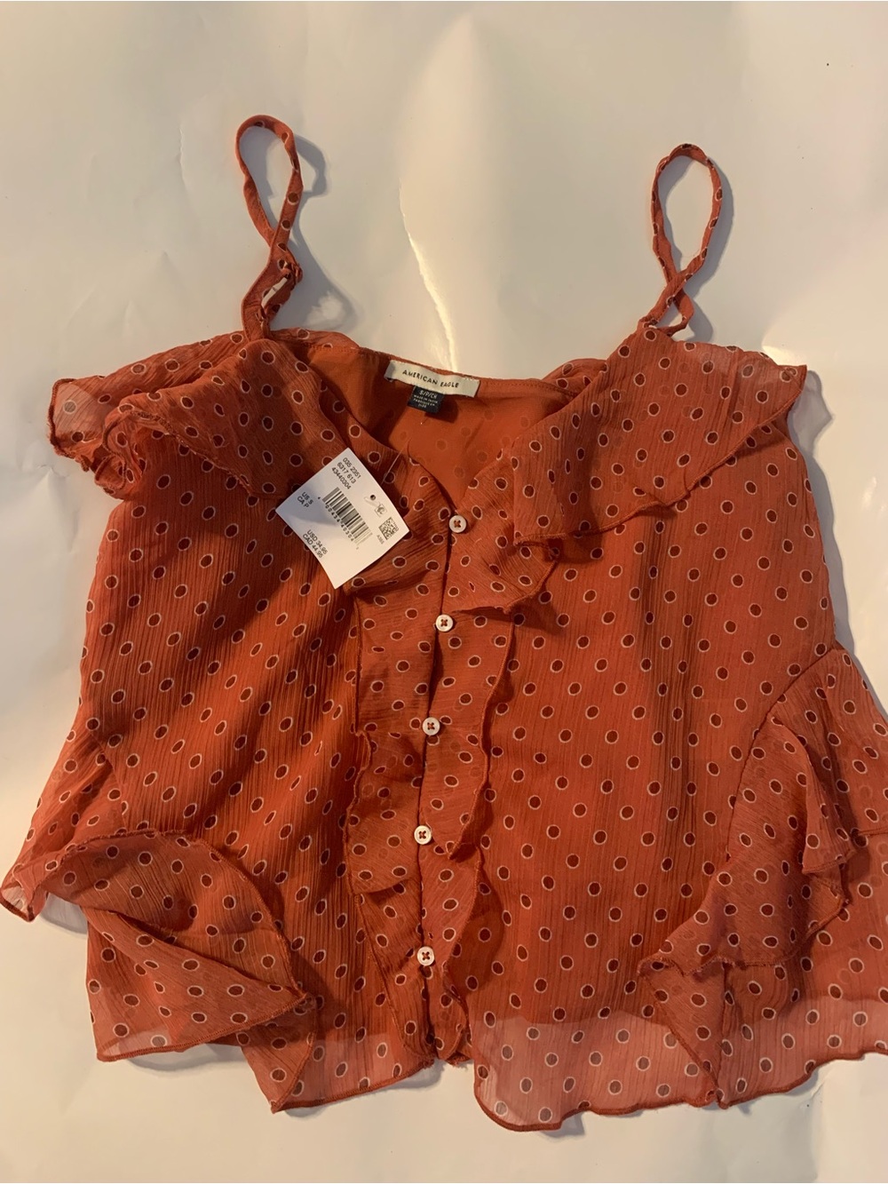 NWT American Eagle Polka Dot Ruffle Button-Front Cami Top Rust Orange Size Small